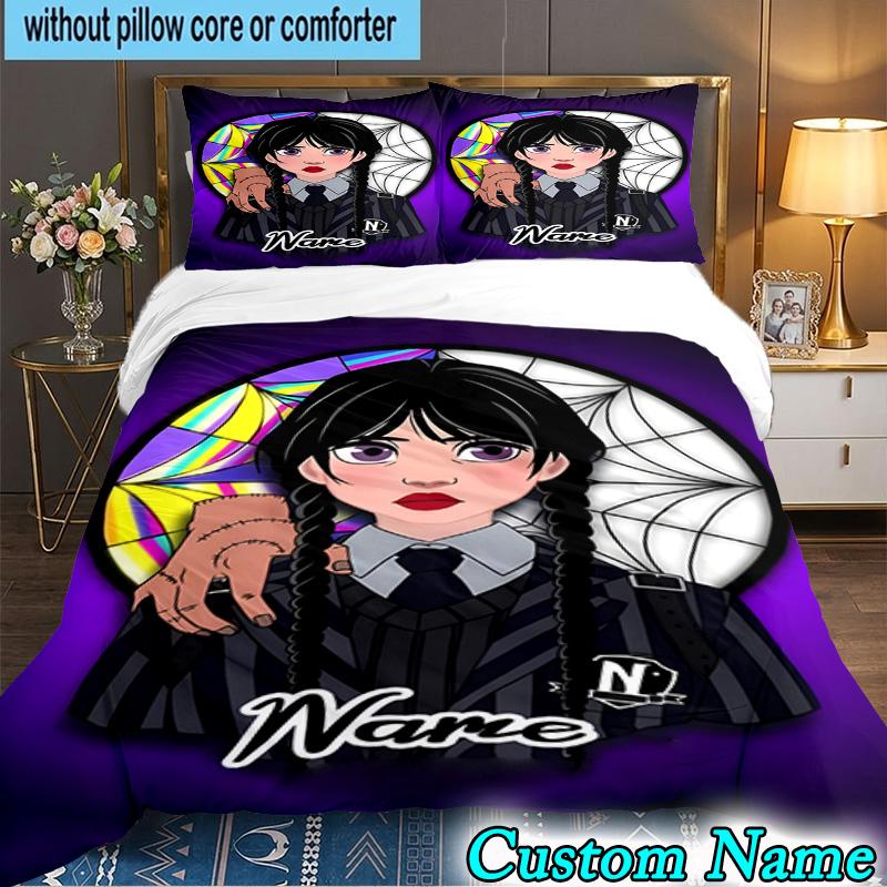 3PCS Custom Name Wednesday Bedding Set Printed Duvet Cover Closure Includes 1 Duvet Cover & 2 Pillowcases for All Seasons Bedroom Decor