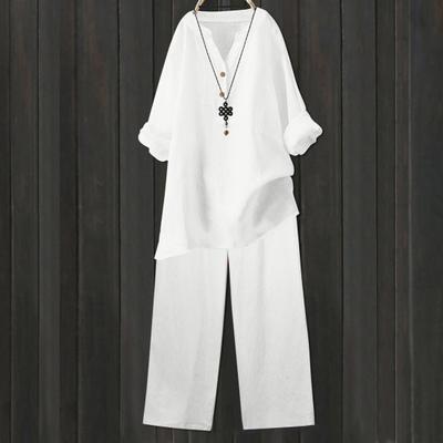 2 шт./комплект женский топ брюки костюм однотонный длинный рукав V-образный вырез эластичный пояс прямые широкие брюки прямые спортивные фитнес-костюм