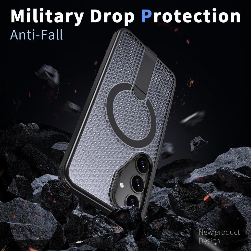 For Samsung Galaxy S25 Magnetic Case Kickstand Grid Texture TPU PC Phone Back Cover