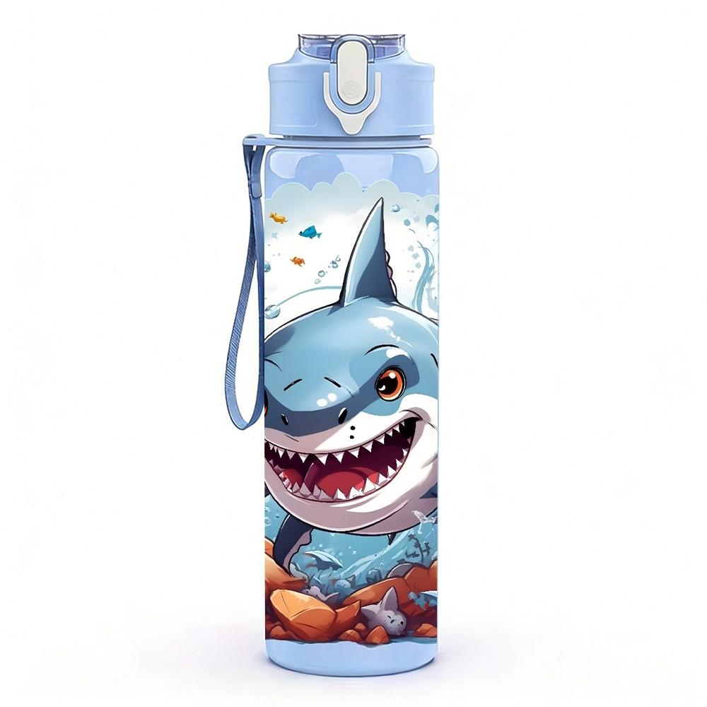 1PC Angry Shark Ocean Graphic 750ml Color Plastic Sports Water Bottle Leakproof Flip Straw Lid Suitable for Sports Office Home Use