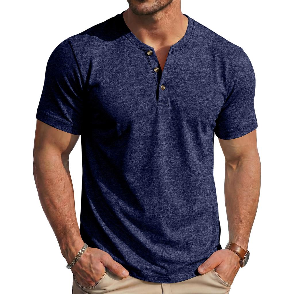 Men's Summer Casual Slim Fit Muscle Texture Henley Short Sleeve T Shirt Lightweight Breathable Vintage Style Tee