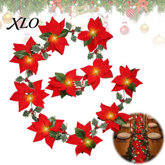 Christmas Decorative Lanterns Poinsettia String Lights, 200/300cm Red Green Floral Garland, Battery/USB Low Voltage LED Operated Indoor Outdoor Fairy
