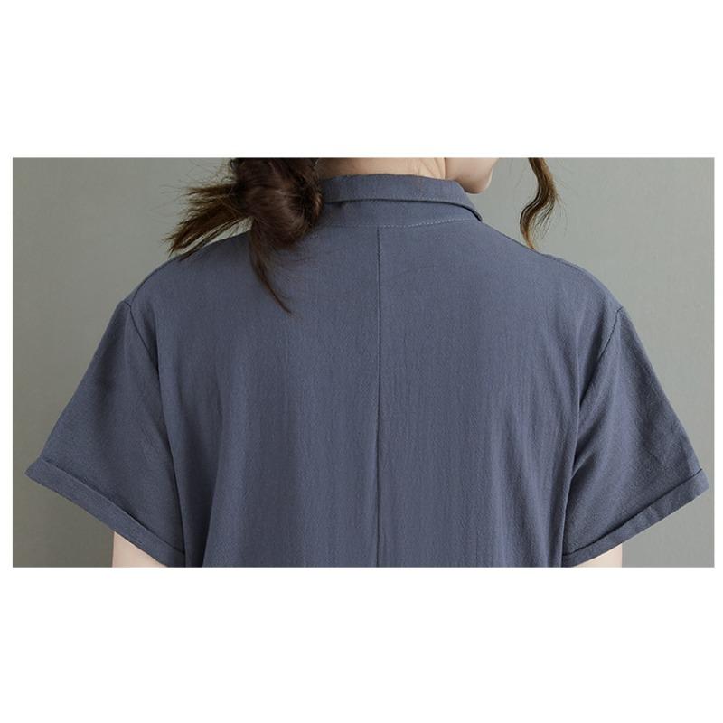 Летнее однотонное хлопковое льняное платье с короткими рукавами и лацканами для женщин, повседневные платья средней длины