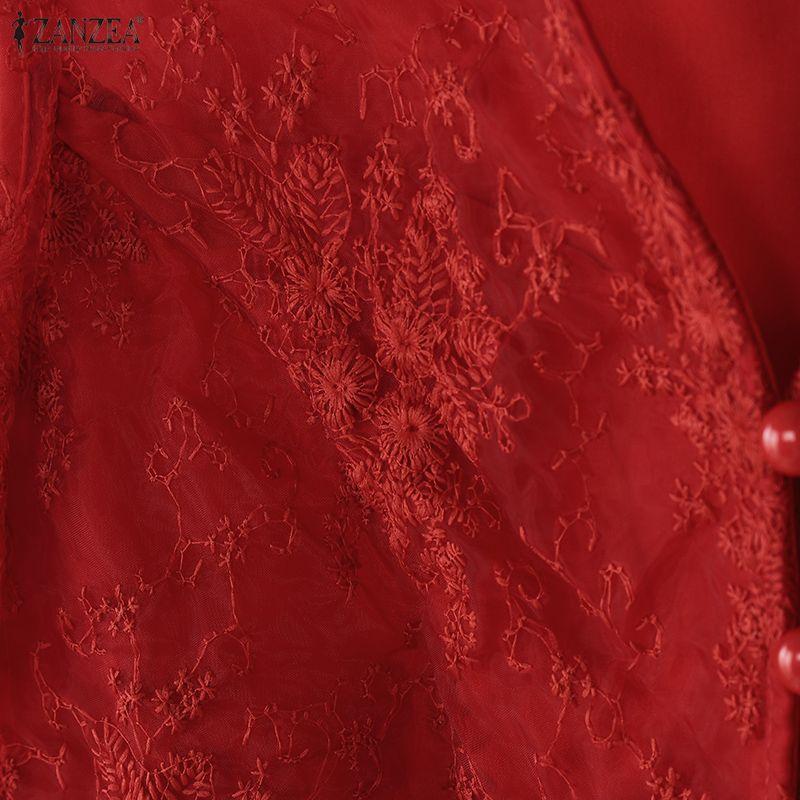 ZANZEA Женская повседневная блузка с V-образным вырезом, рукавом 3/4 и кружевной вставкой, приталенного силуэта