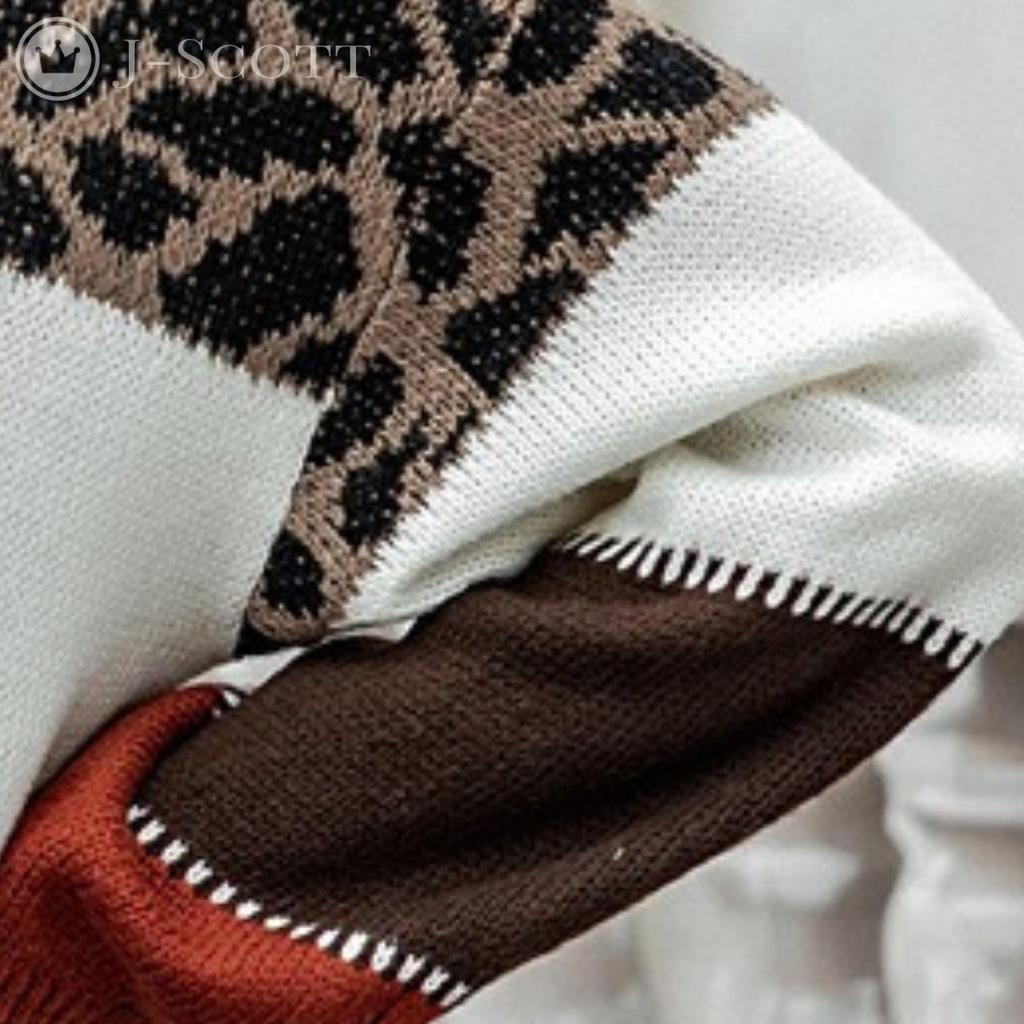 Женский вязаный свитер J-Scott с леопардовым принтом и полосатым рисунком, круглым вырезом, спущенным плечом, длинными рукавами, женственного повседневного свободного кроя, красный (JS178-RD-M)