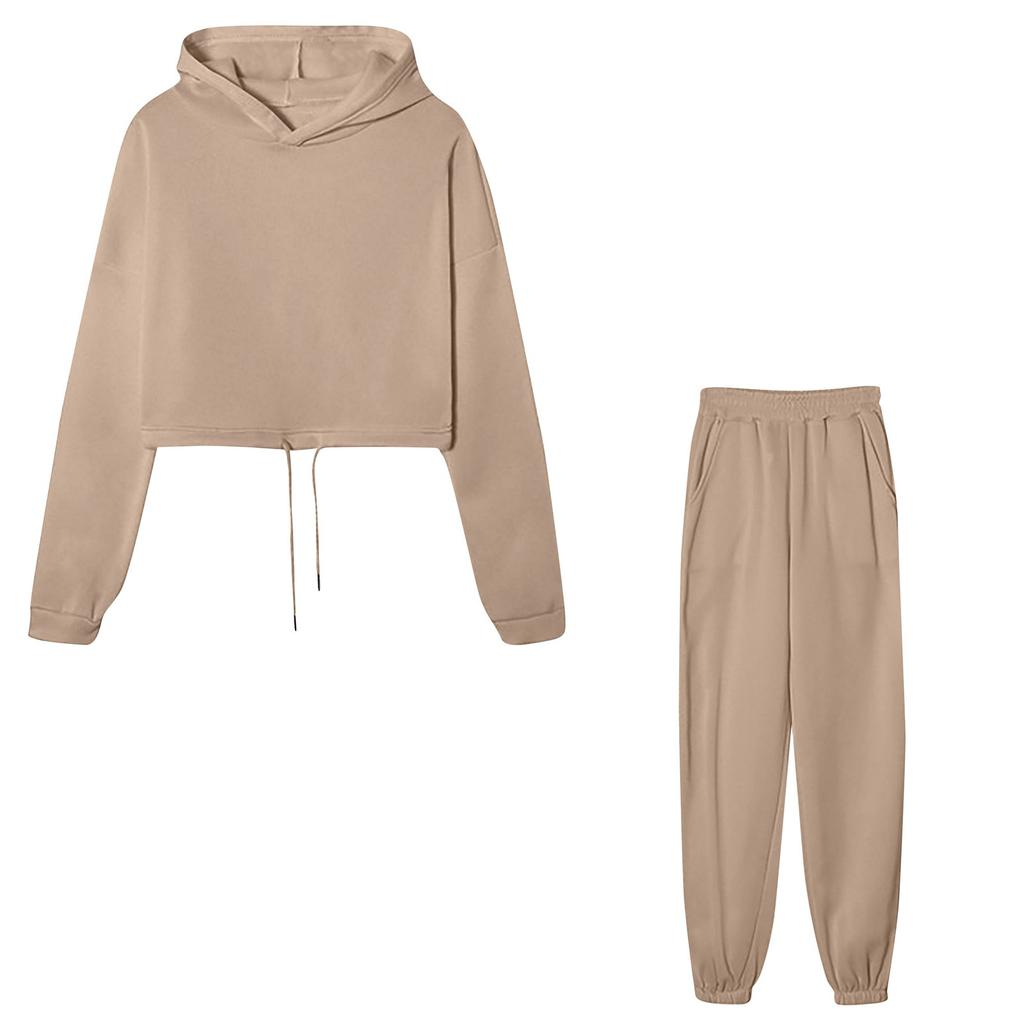 Женский спортивный модный однотонный повседневный комплект из двух предметов с капюшоном