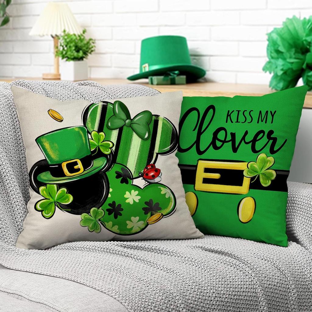 St Patricks Day Decorative Throw Pillow Covers 18 X 18 Set Of 4, Lucky Shamrock Kiss My Clovers Porch Cushion Case