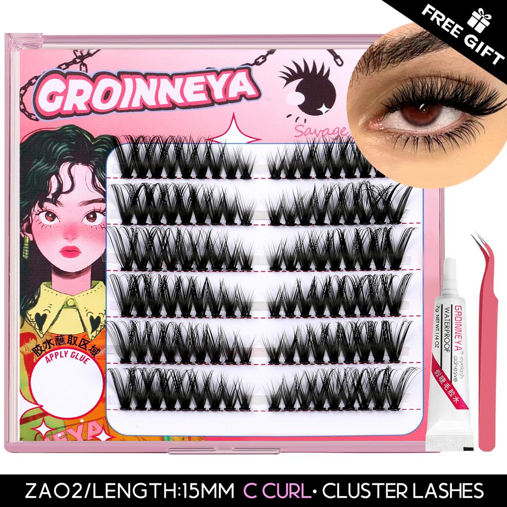 GROINNEYA DIY Eyelash Extension Kit Individual Lashes Cluster Mix Lash Clusters with Lash Bond and Seal and Lash Accessories