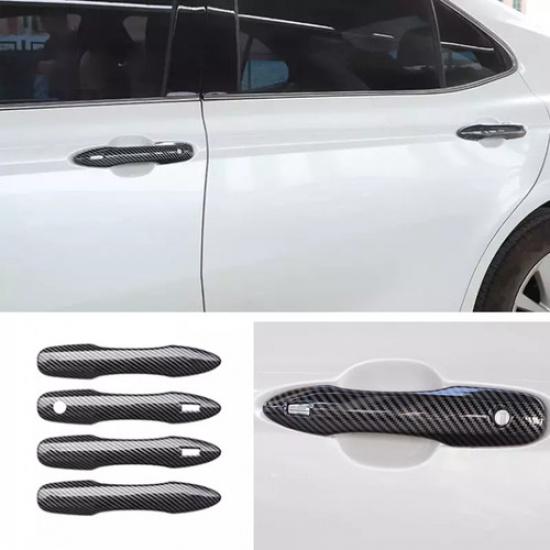 Black Carbon Fiber Front Car Door Handles Cover Trim For Toyota Camry 2018-2024