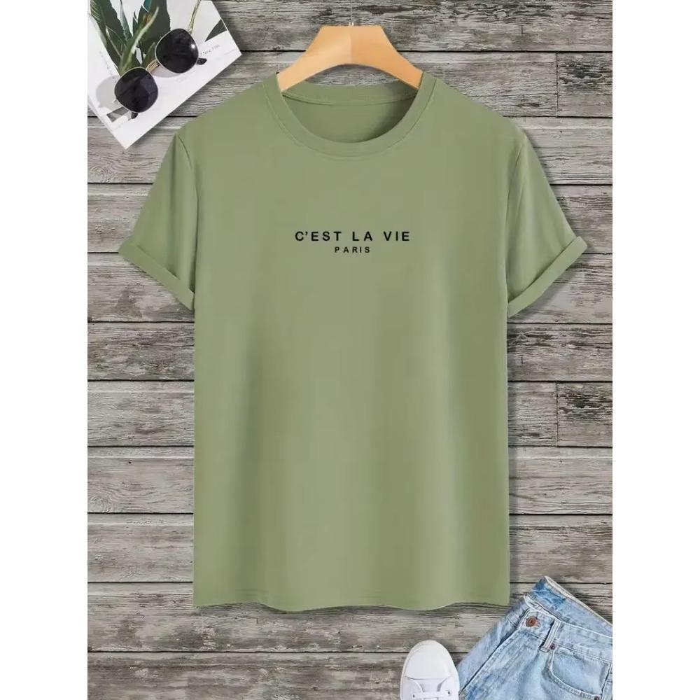 "C'est La Vie", Мужская повседневная хлопковая футболка с круглым вырезом и принтом, слегка тянущаяся, летняя мужская одежда
