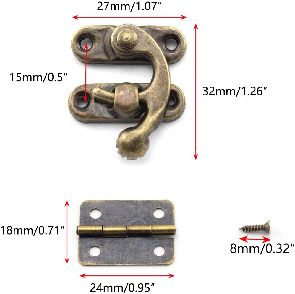 4Pcs Retro Small Box Hinges And 2 Sets Antique Right Latch Hook Hasp Wood Jewelry Box Hasp Catch Decoration For Cabinet Box