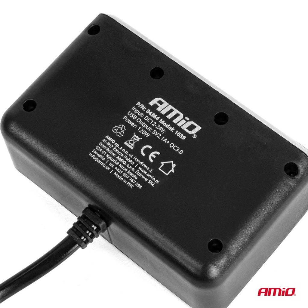 Cigarette lighter socket splitter with charger 2x USB-A QC3.0 12V 24V 120W 80cm AMIO-04364