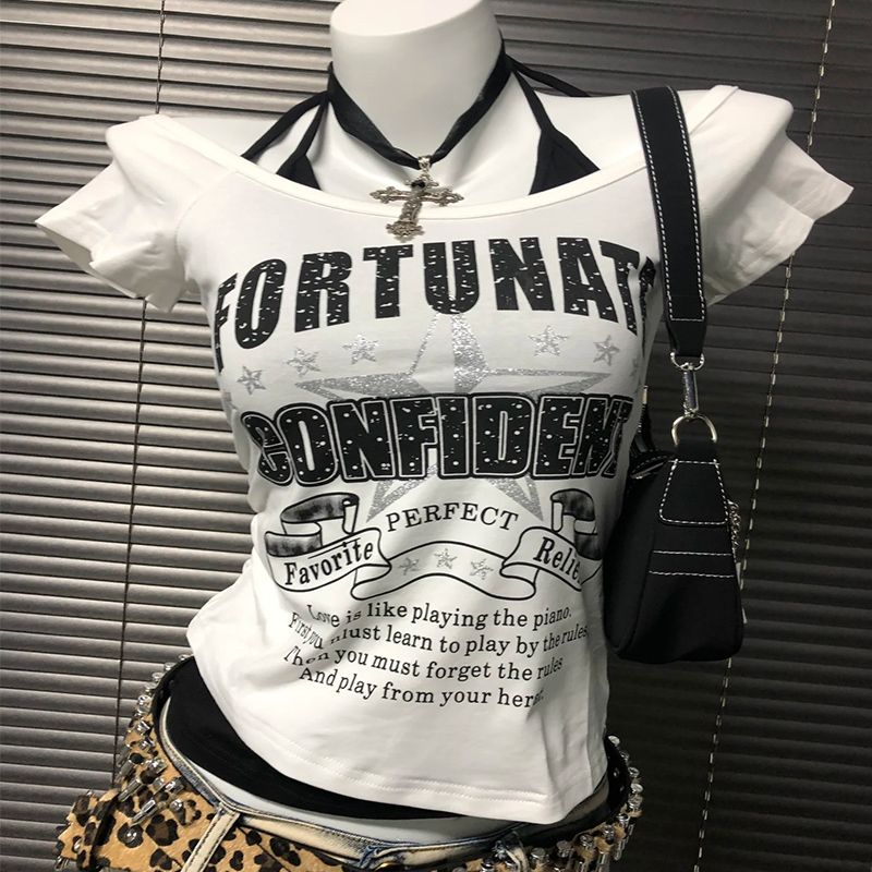 Women Retro T-shirts White Letters Bandage Collars Design Girls Y2K Tops