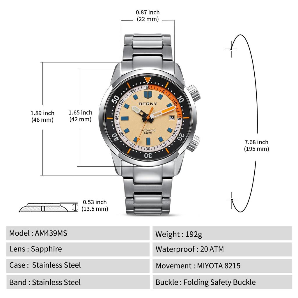 BERNY Watch Automatic Watch Diving Watch Automatic Mechanical Watch 20ATM Waterproof Sapphire Glass Super Luminous Watch Diver's Men's Men's Diver's