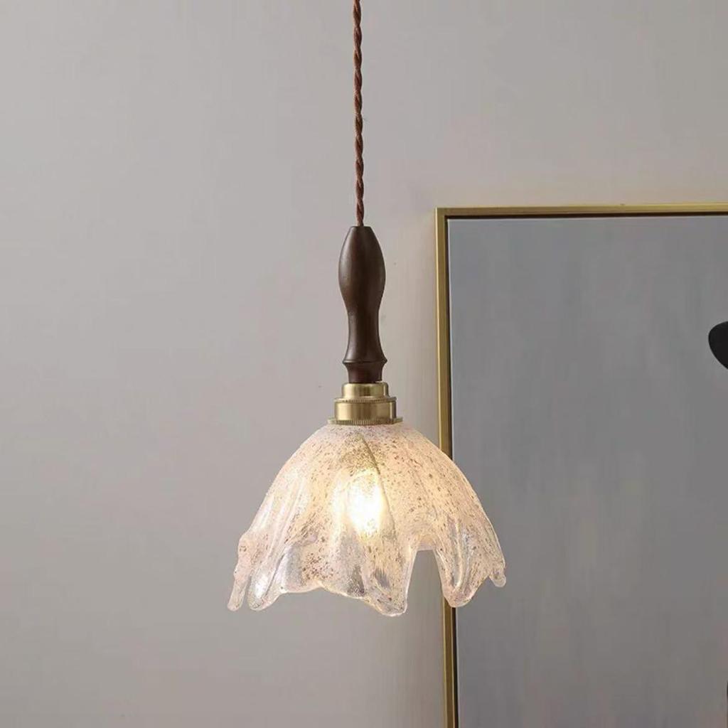 Vintage Walnut & Brass Glass Pendant Light for Bar, Counter, or Bedroom