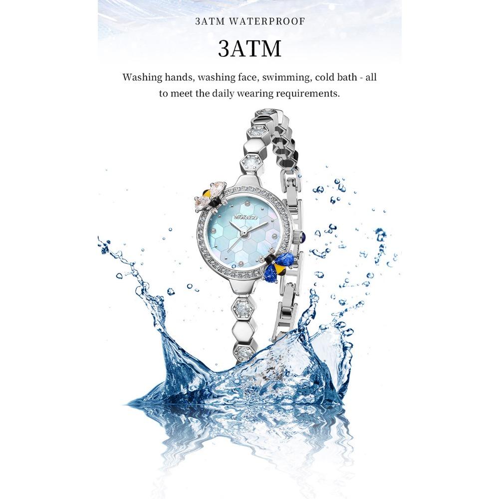 Women Quartz Wrist Watch Bee Decor Rhinestone Inlay Shell Dial Metal Bracelet Elegant Luxury Gift Wristwatch