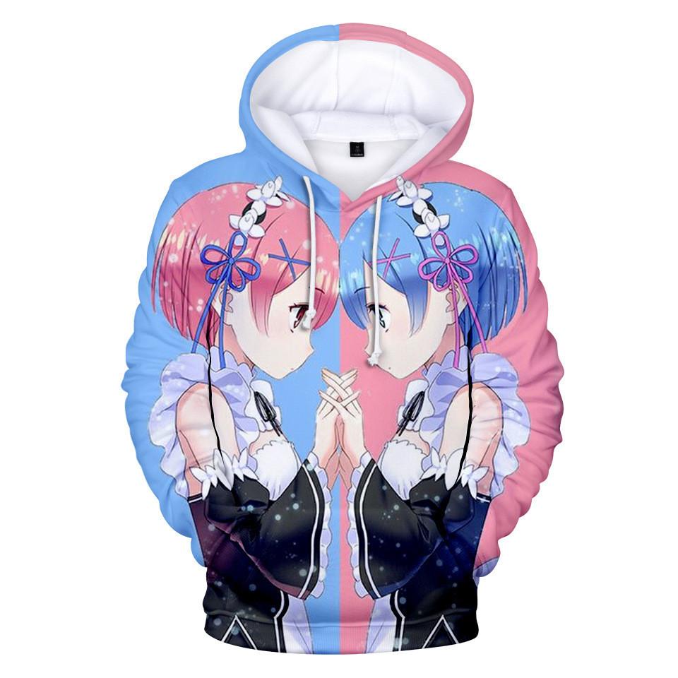 Ainme Re Zero Hoodies 3D Re Zero Hoodie Sweatshirt Men Women Harajuku Clothing Rem and Ram Japanese 3D Oversized Hoodies