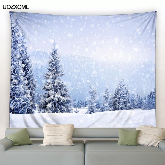 Рождественский гобелен на стене, природный белый лес, снежный настенный большой гобелен для вечеринки, гостиной, спальни, общежития, домашний декор