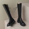 Модные черные кожаные туфли с круглым носком и голенищем до колена, женские, 2025, новые, демисезонные, водонепроницаемые ботинки, шикарные и элегантные длинные сапоги для женщин