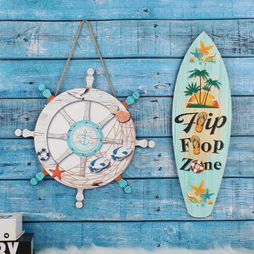 2 Pcs Ocean Beach Hanging Wall Decors Wood Rudder Surfboard Wall Art Bathroom Sign for Living Room