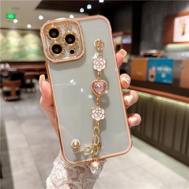 Plating Diamond Pearl Flower Bracelet Case For Redmi Note 12 11 10 9A 9T/iPhone 11 12 13 14 Pro Max X XR XS /Samsung S23 S22 Ultra A14 A34 A54 A33 A53