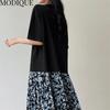 MODIQUE Summer Plus Size Women Loose Versatile A-Line Floral Print Lace Patchwork Pleated Cotton T-Shirt Long Dresses Female Casual O-Neck Dresses