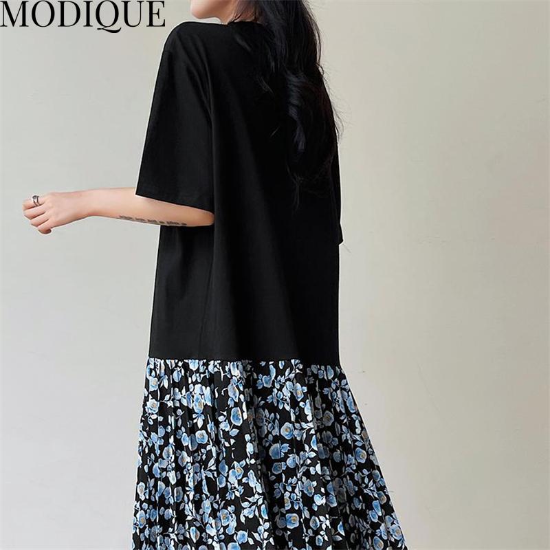 MODIQUE Summer Plus Size Women Loose Versatile A-Line Floral Print Lace Patchwork Pleated Cotton T-Shirt Long Dresses Female Casual O-Neck Dresses
