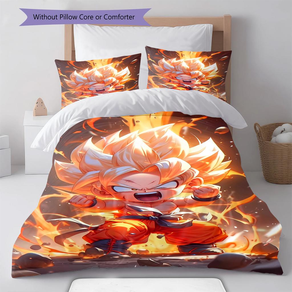 Son Goku Pattern Bedding Quilt Set Quilt Cover Pillowcase Home Birthday Gift(1 * duvet cover + 2 * pillowcase, without core)
