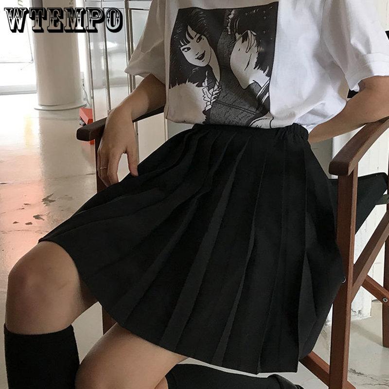 WTEMPO Elastic High Waist Y2K Schoolgirls Solid Pleated Skrits Women Casual All-match Korean Black Grey Mini Skirt Streetwear