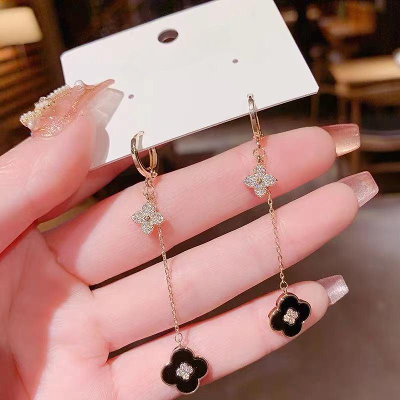 Модные серьги с четырьмя листочками и цветком, пряжка, темперамент, модные длинные женские серьги, модный тренд, серьги с четырьмя листочками клевера