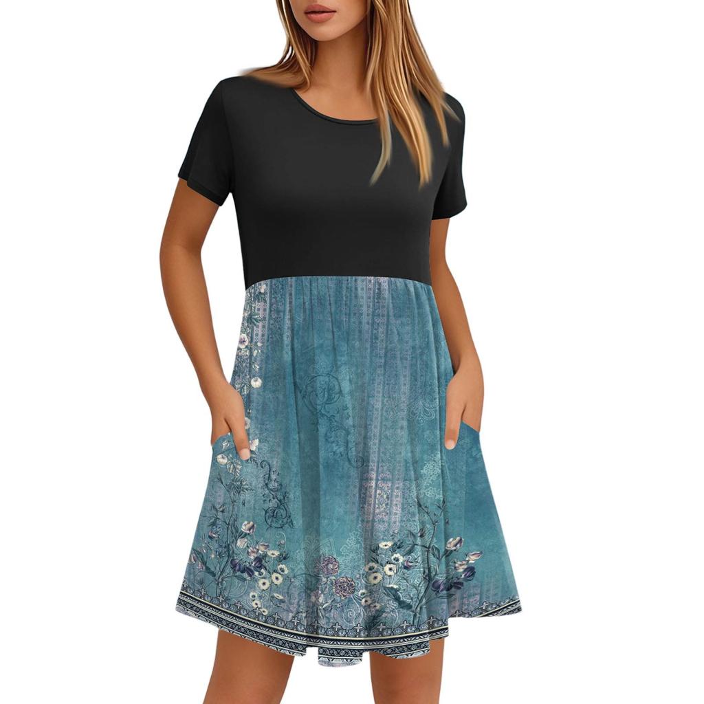 Женские модные повседневные свободные платья с круглым вырезом и коротким рукавом с принтом и карманами