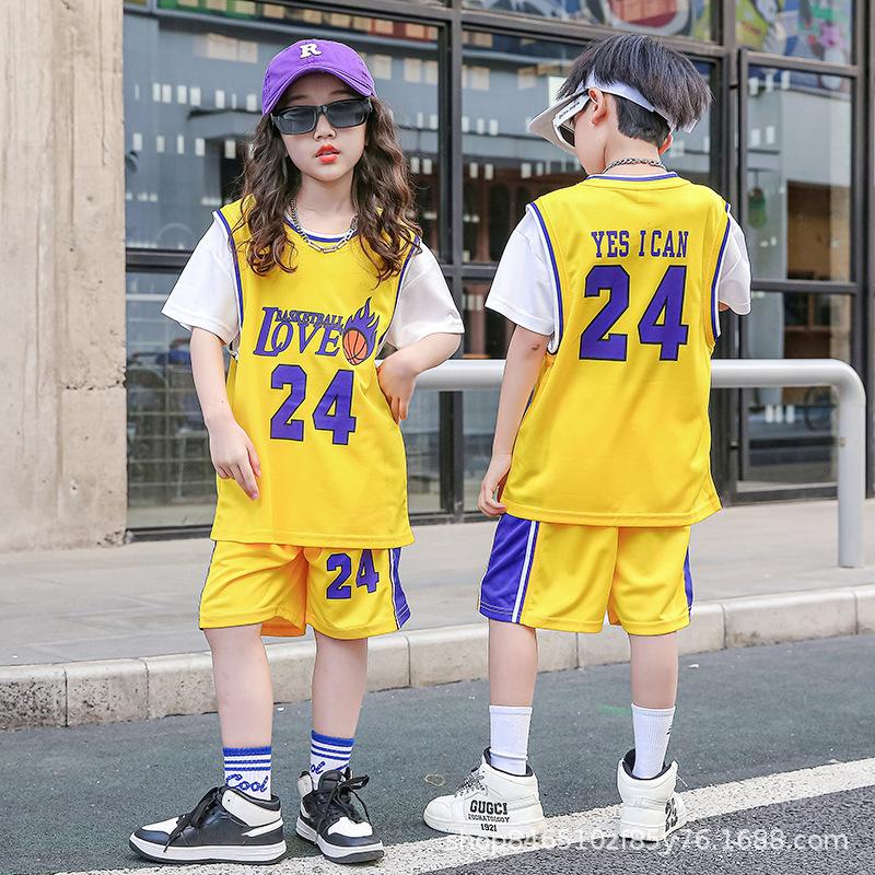 Wholesale of children's basketball clothes for boys and girls Printed kindergarten primary school students No. 24 jersey Light board performance
