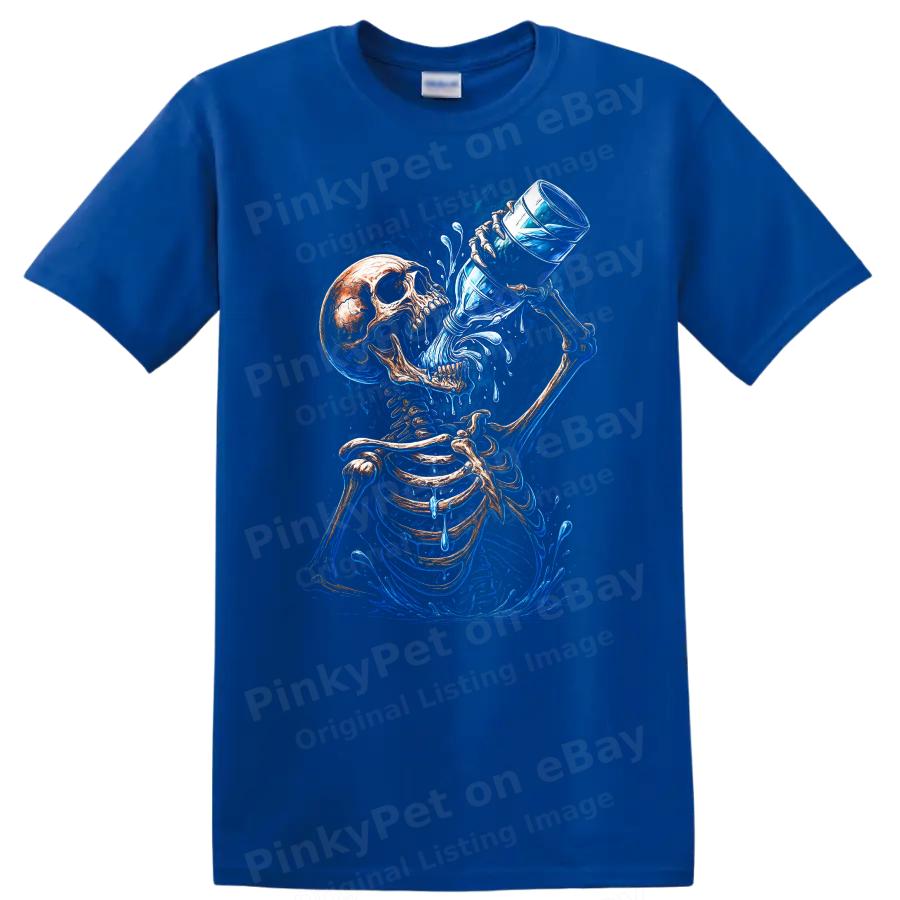 Skeleton Drinking Water Funny Graphic T Shirt Cool Art Design Tee