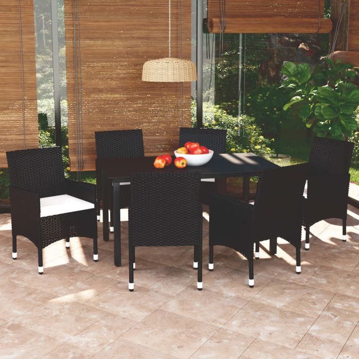 Ensemble table et chaises - MAISON EXCLUSIVE - 7pcs - Résine tressée - Coussins rembourrés - Plateau verre