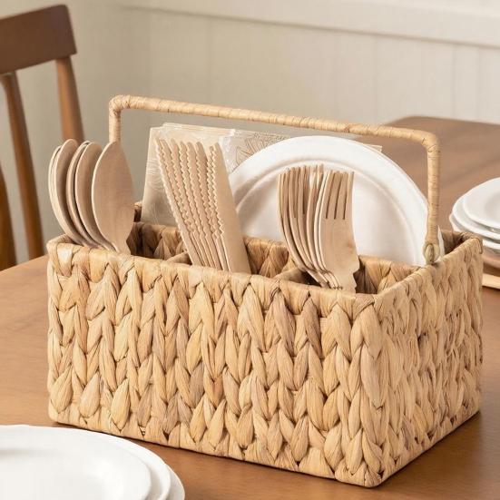 Плетеная корзина для хранения с ручкой, 4 отделения, ручная работа, натуральный органайзер для кухонной столешницы, пикника, барбекю, портативный держатель для столовых приборов и