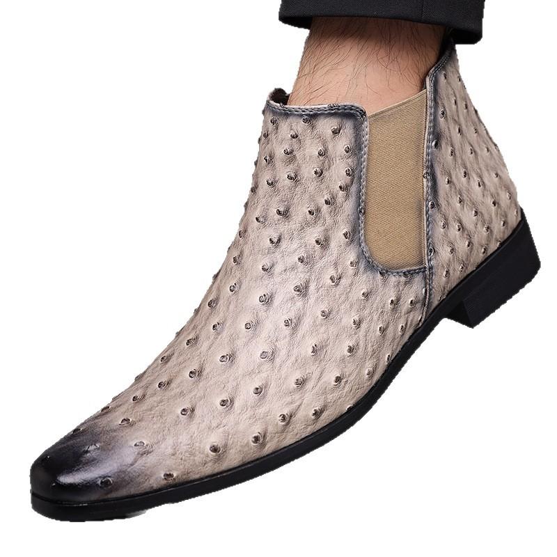 Square Toed Mid Leg Boots with Retro Embroidery and Ostrich Pattern for Men, Oversized Knight Boots In Sizes 38-48
