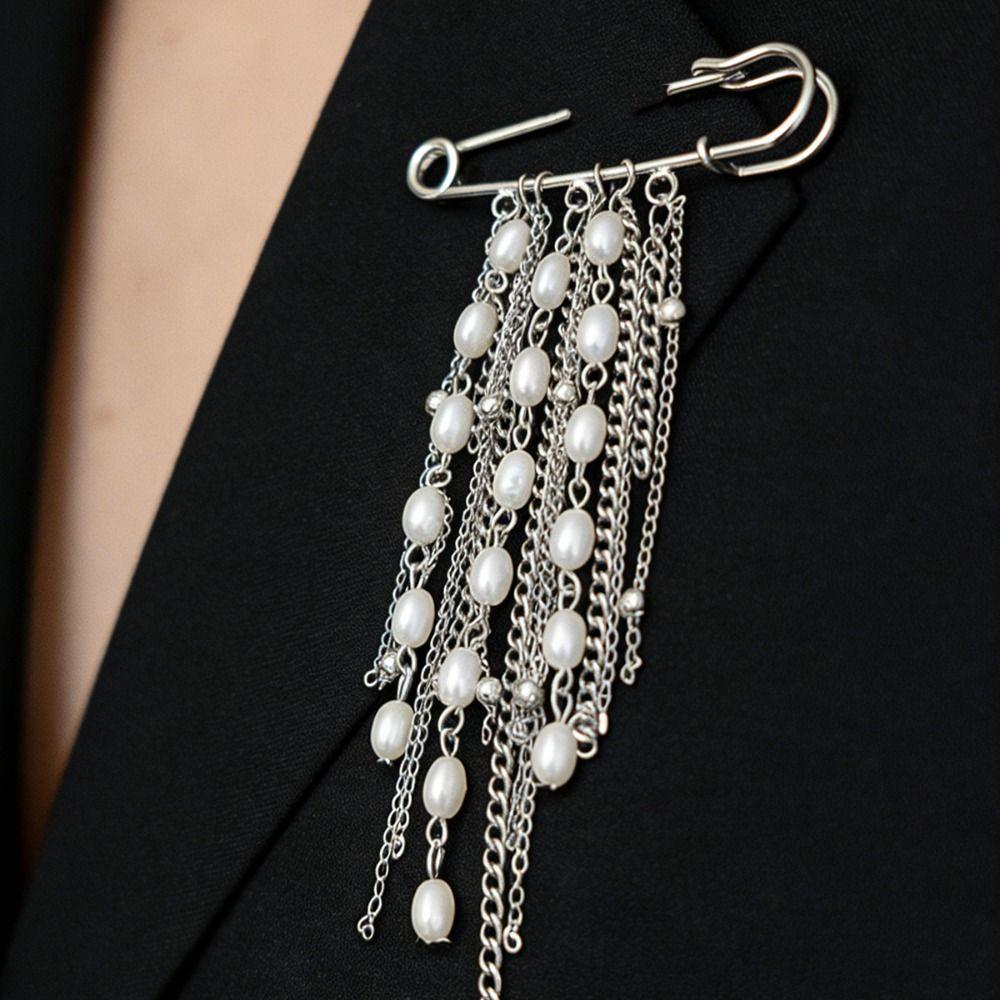 Pearl Tie Collar Needle Vintage Multi-layer Chains Pin Fashion Long Tassel Brooch Men