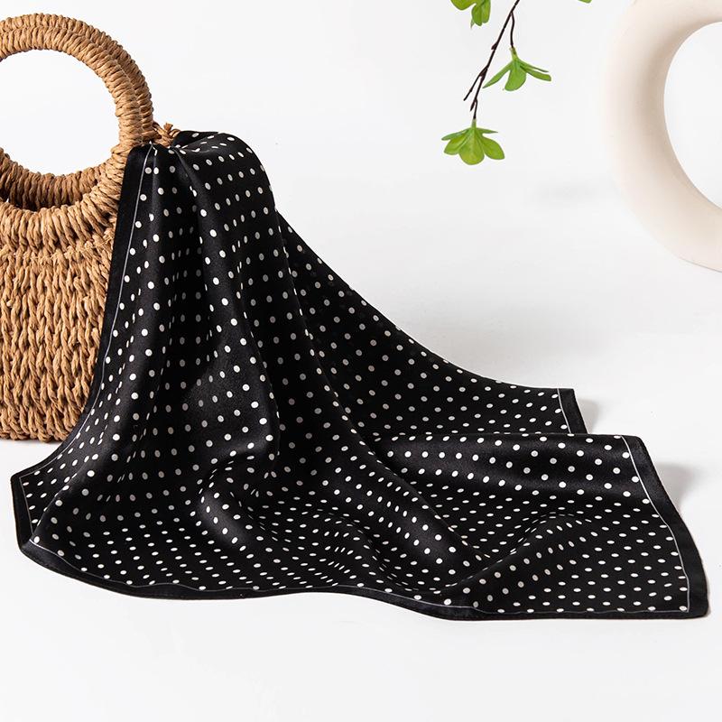 Mulberry Silk 53 Шелковый шелковый шарф High Sense 2025 Летний универсальный черный шелковый шарф в горошек с принтом на шее Маленький квадратный шарф