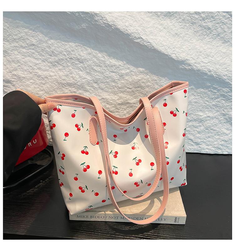 Sweet Cherry Printed Tote Bag For Women Large Capacity Street Style Pu Handbag
