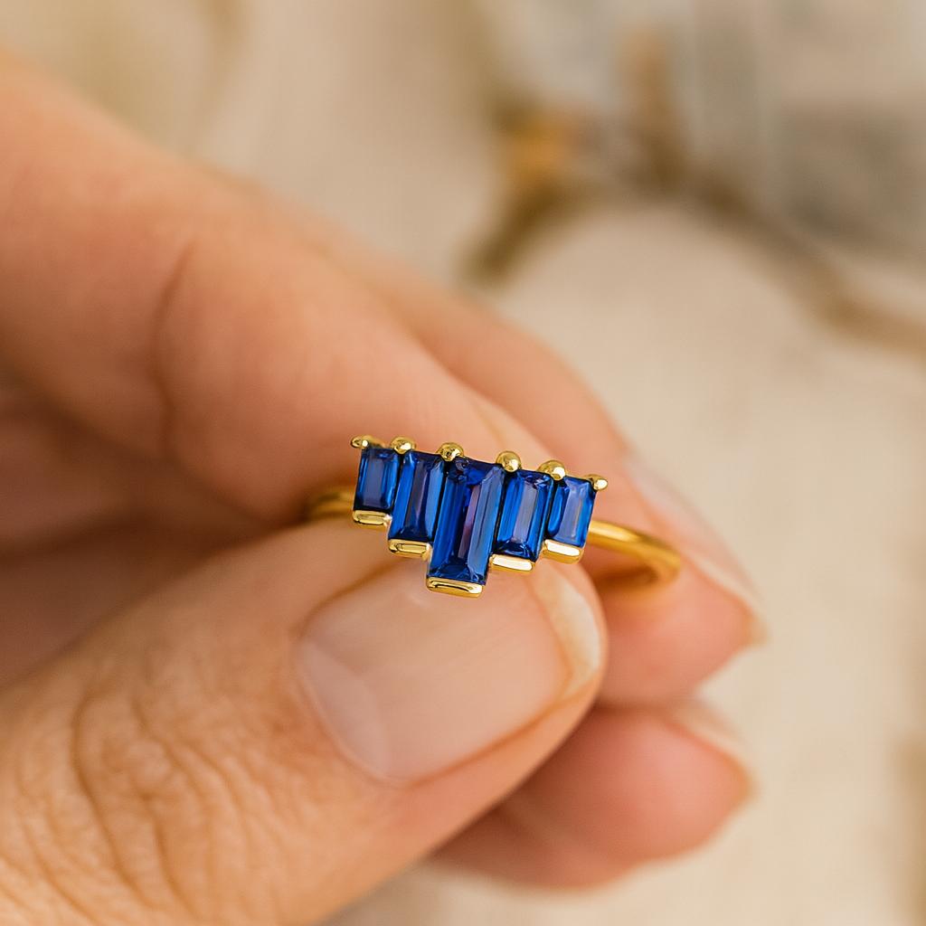 Wedding Engagement Anniversary Promise Gift – Baguette Blue Sapphire Ring, Yellow Gold Plated Geometric Band, September Birthstone Jewellery