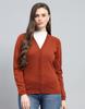Womens Solid Rust V Neck Full Sleeve Cardigan