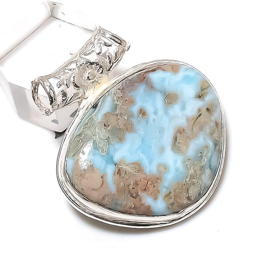 Caribbean Larimar Gemstone Handmade 925 Sterling Silver Gift Pendant 1.50" S9M56