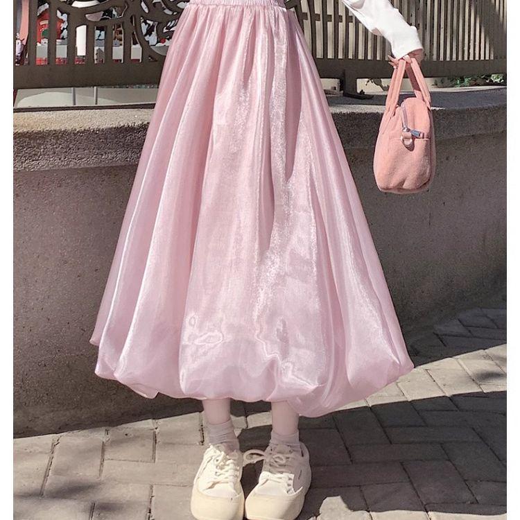 Женская мерцающая розовая А-силуэтная миди-юбка из тюля с дизайном из жемчужных пышных цветов, высокая талия, идеально подходит для весны, лета и осени