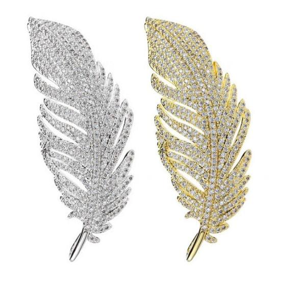 Rhinestone Feather Brooch for Women Men Faux Crystal Feather Lapel Safety Pin Collar Jewelry Accessory for Parties Weddings