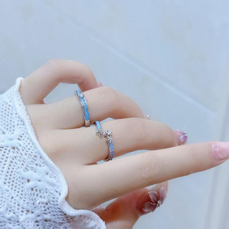 Ice Blue Starry Galaxy Enamel Dripping Oil Opening Ring Women'S Niche Design High-End Sense Unique Temperament Personalized Ring