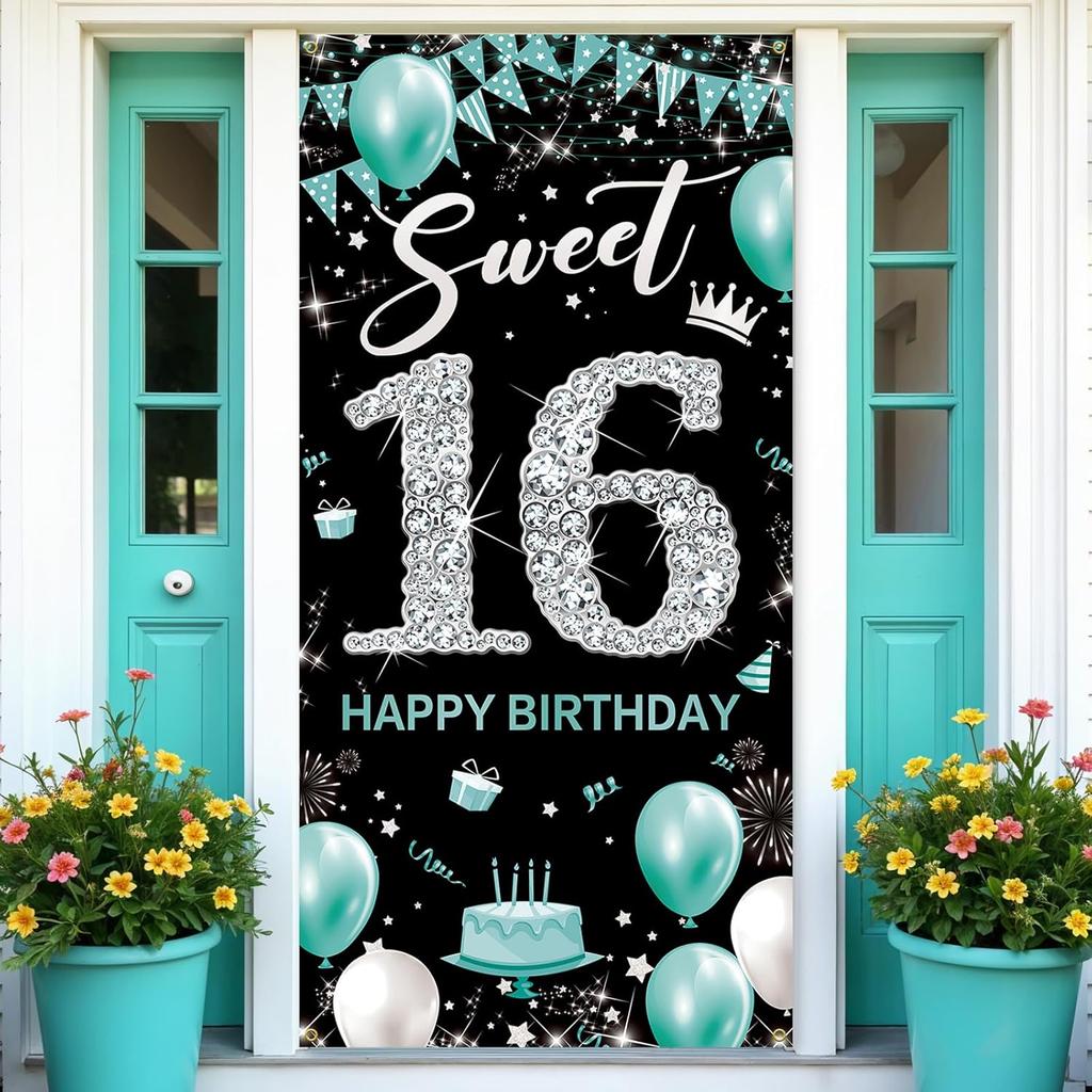 Украшения для вечеринки Sweet 16, Тканевый баннер «Счастливого 16-летия», Фон, Бирюзово-синий, Серебристый, Украшения на 16-летие для девочек, Бирюзовый 16