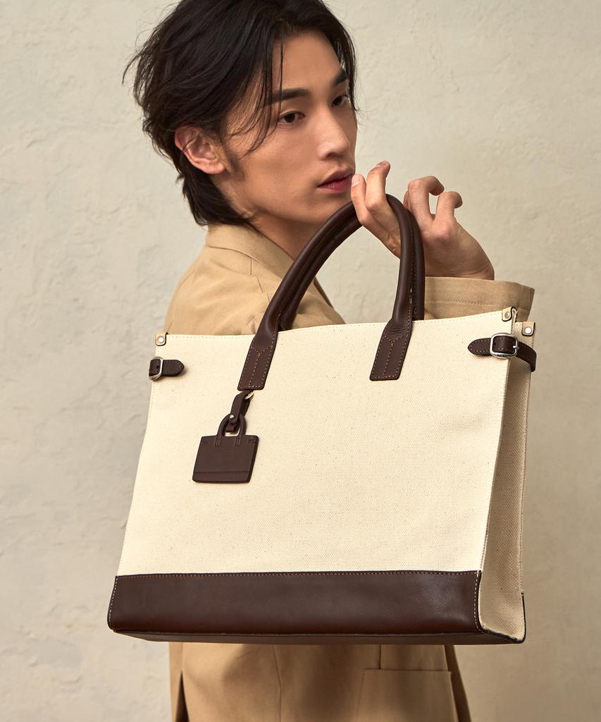 Matt Slim Canvas Leather Square Bag (Ivory + Dark Brown) B42916