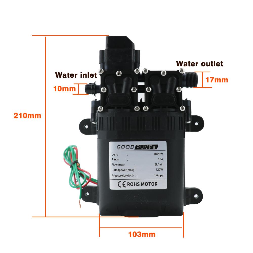 Автоматический диафрагменный водяной насос 8 л/мин, DC12V 120W, компактный, безопасный, высокого давления, самовсасывающий, двухъядерный, сельскохозяйственный.