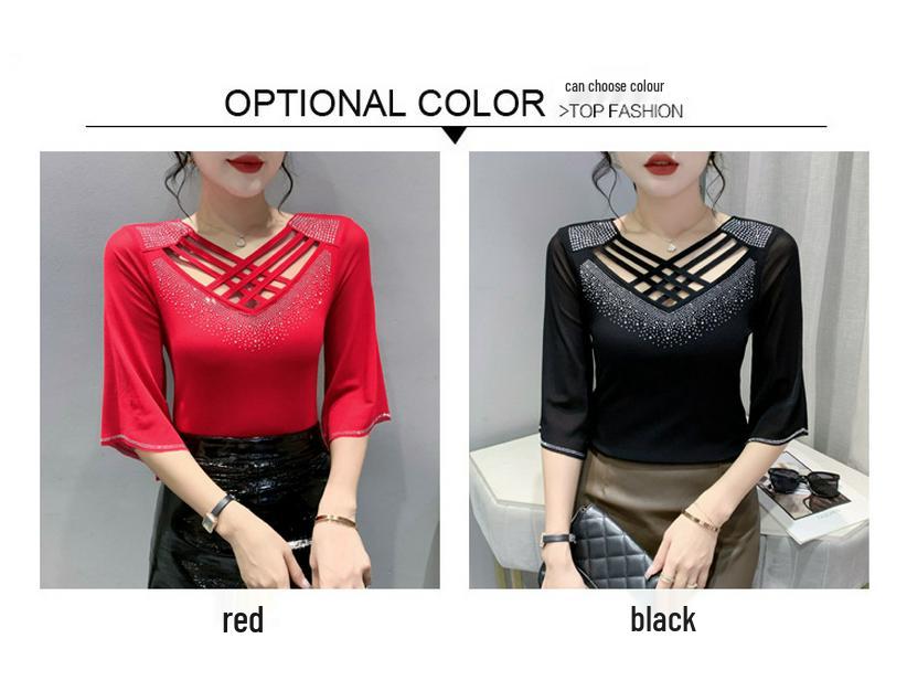 Летняя сетчатая модная футболка с перекрестным вырезом, полая, с горячей стразой, облегающая, для защиты от солнца, для женщин