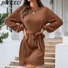 Fall/Winter Women's Belted Long-Sleeve Cable-Knit Dress with Puff Sleeves Casual Skirt